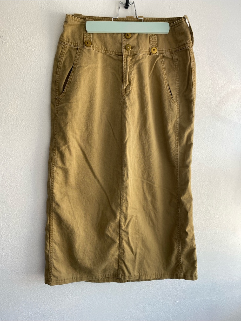 Sundance Cotton Blend Khaki Green Button-Front Cargo Midi Skirt